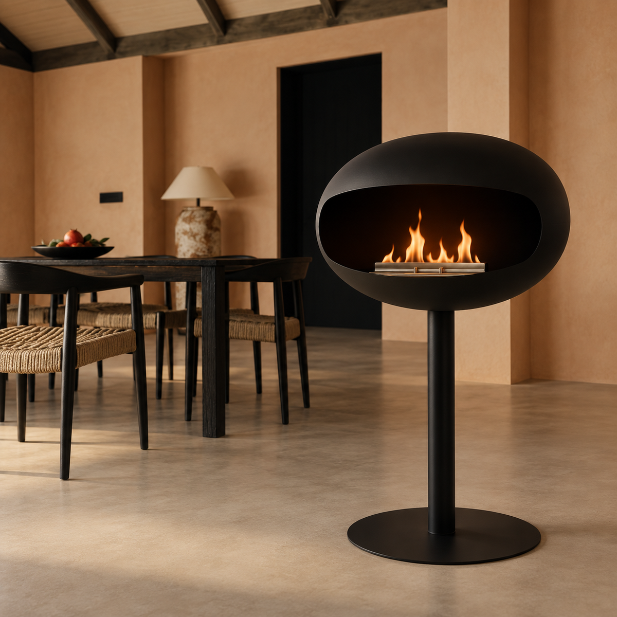 Cheminée éthanol sur pied noire dans un intérieur industriel, mur en acier brossé, style loft