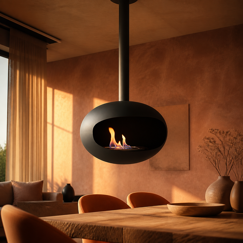 Cheminée décorative à l'éthanol suspendue au-dessus d'une table de salle à manger