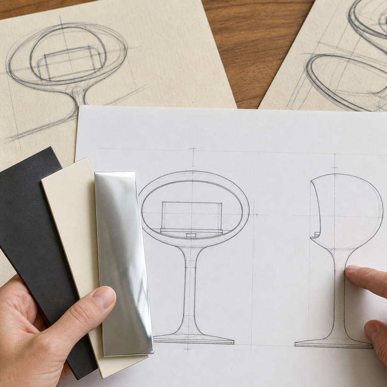 Croquis techniques de la cheminée éthanol Maison Flamme et échantillons de finitions noir, blanc et chrome