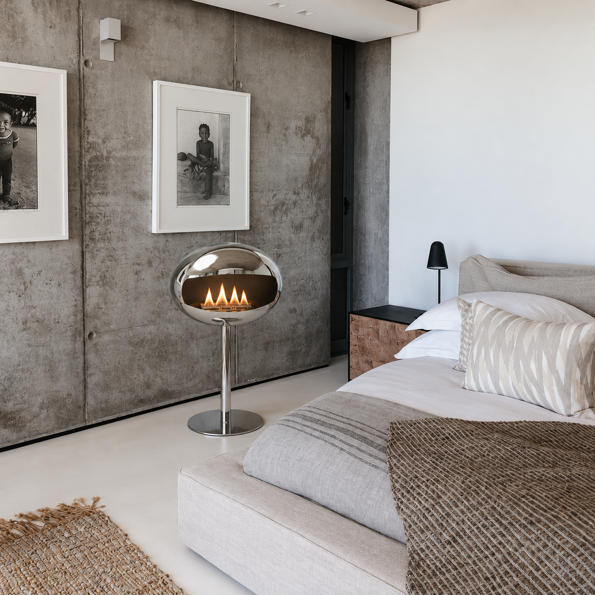 Cheminée éthanol sur pied chrome pour chambre design, mur en béton brut et photographies encadrées
