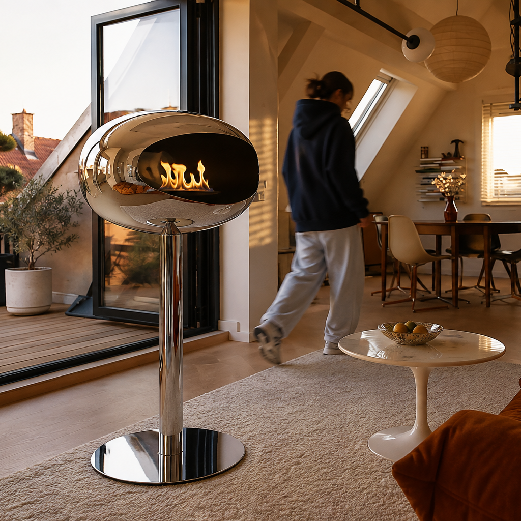 Poêle éthanol chrome allumé dans un salon sous combles ouvert sur une terrasse au coucher du soleil