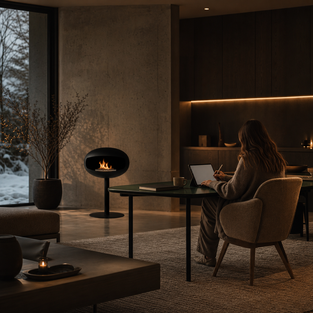Cheminée éthanol noire allumée dans un salon d'hiver, femme travaillant près d'une baie vitrée enneigée