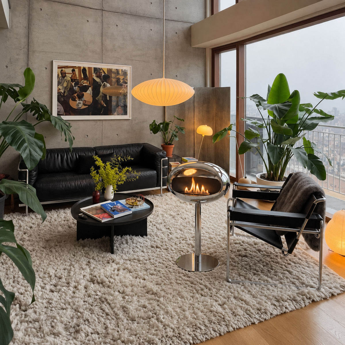 Cheminée bioéthanol sur pied chrome dans un loft en béton brut, canapé en cuir noir et vue sur la ville