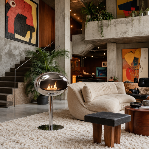Cheminée éthanol sur pied chrome design dans un loft éclectique aux œuvres d’art colorées et mobilier vintage