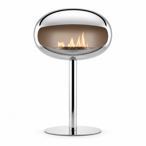 Cheminée éthanol sur pied chrome poli Maison Flamme, flamme allumée, packshot fond blanc