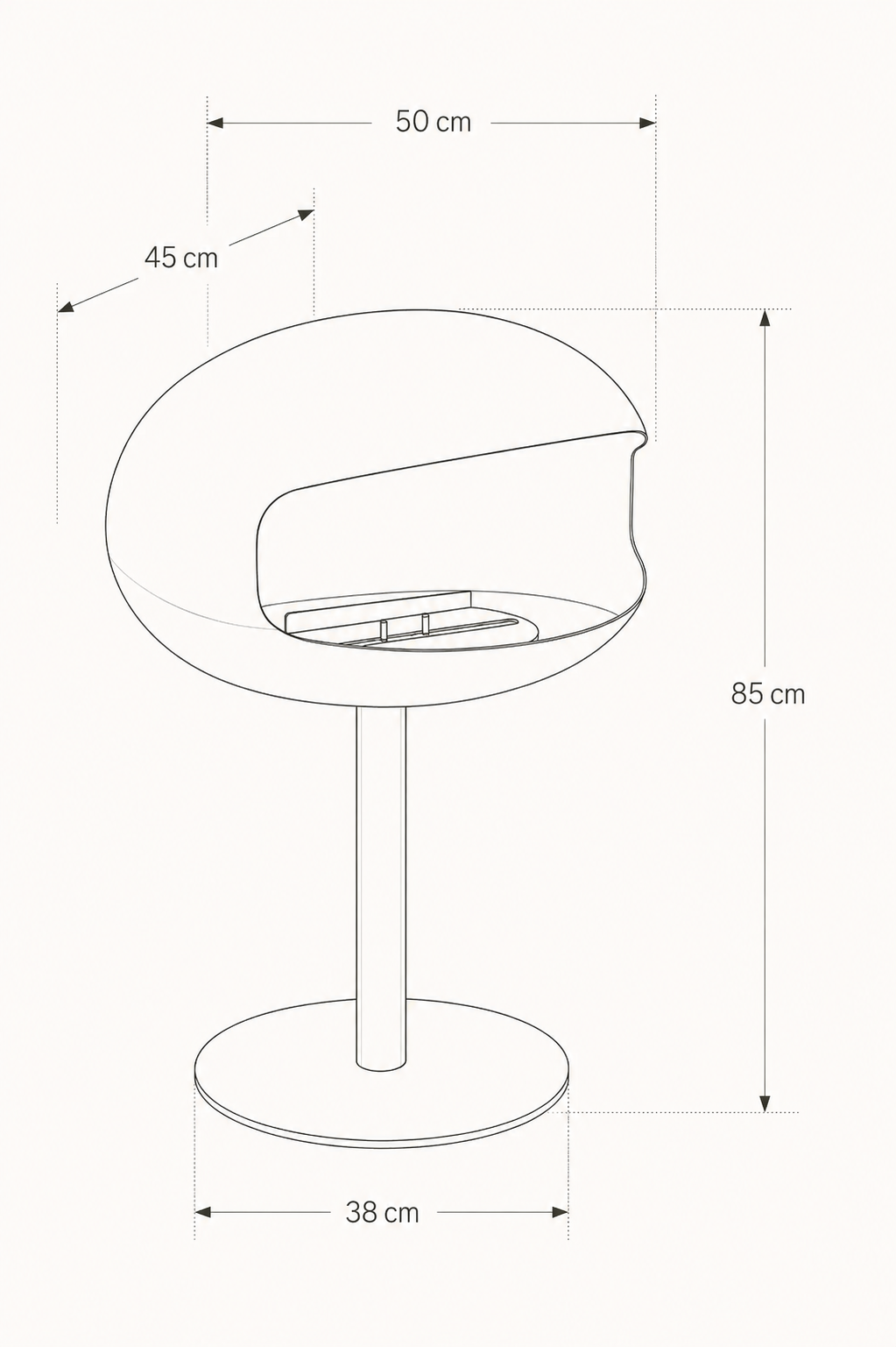 Schéma coté de la cheminée éthanol sur pied : 85 cm de haut, dôme de 50 x 45 cm, base de 38 cm