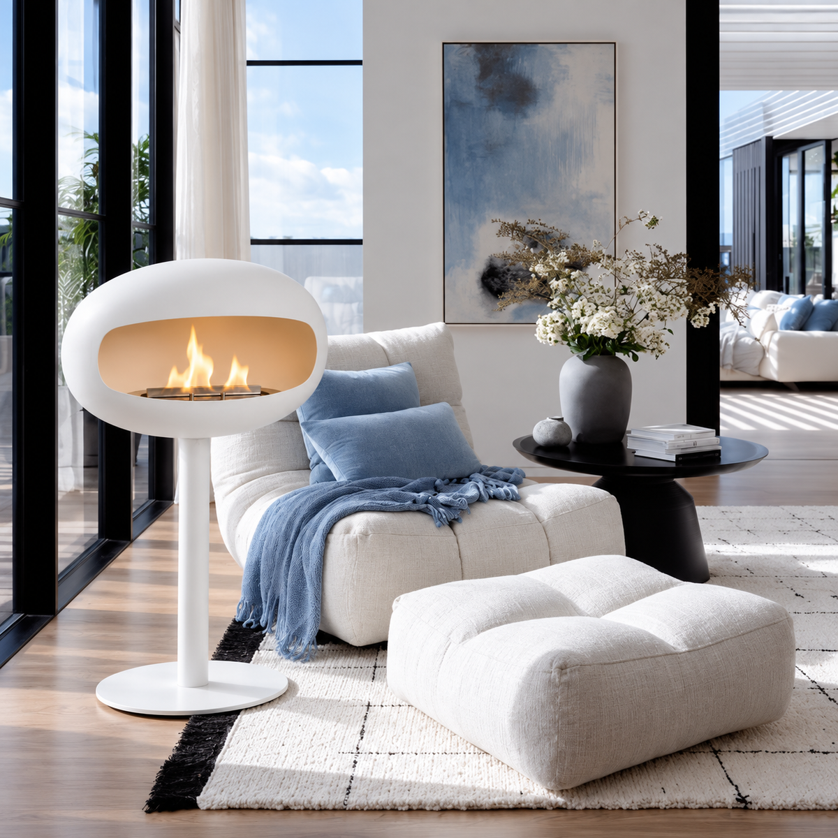 Cheminée éthanol sur pied blanche à côté d’un fauteuil en bouclette, salon design lumineux