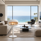 Cheminée éthanol sur pied blanche design, salon avec vue mer et palmiers, inspiration déco 2026