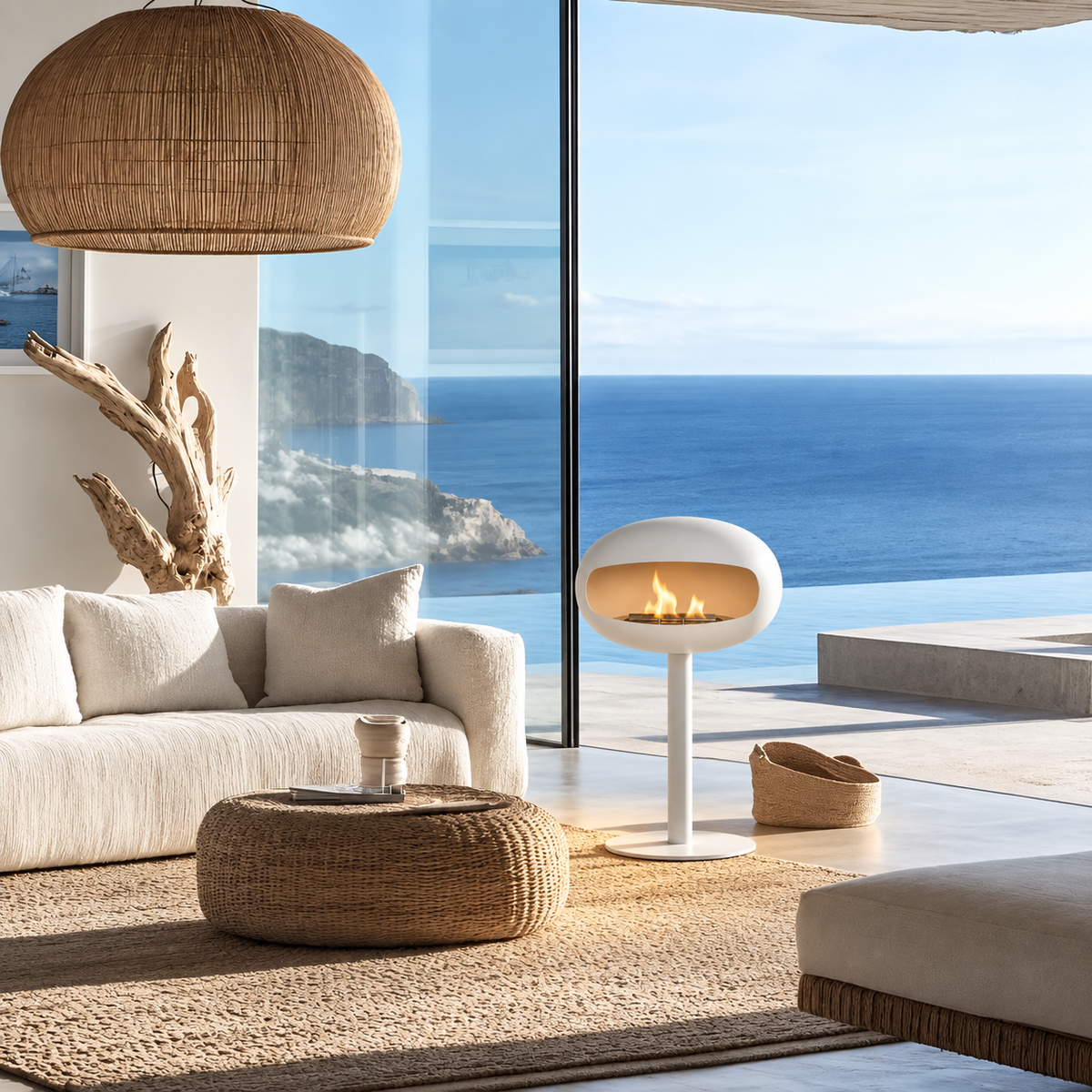 Cheminée éthanol sur pied blanche design, salon lumineux avec vue sur piscine à débordement
