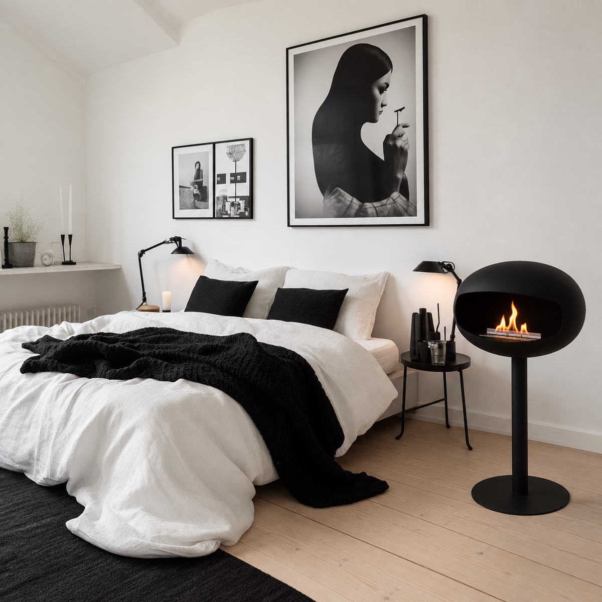 Cheminée bioéthanol sur pied noire dans une chambre design au style graphique noir et blanc