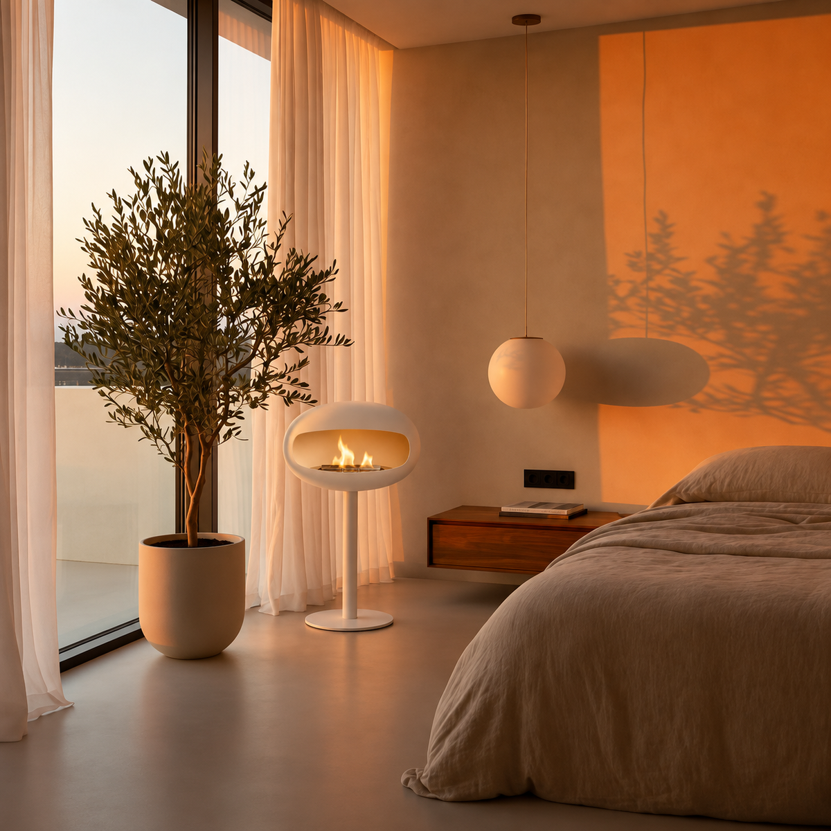 Cheminée éthanol sur pied blanche dans une chambre design aux murs enduits et grande baie vitrée