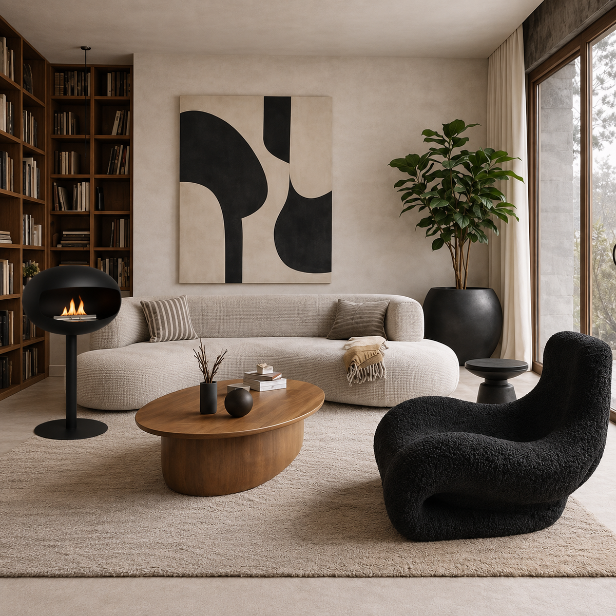 Cheminée éthanol sur pied noire à côté d’un fauteuil en bouclette noir, salon avec œuvre d’art abstraite